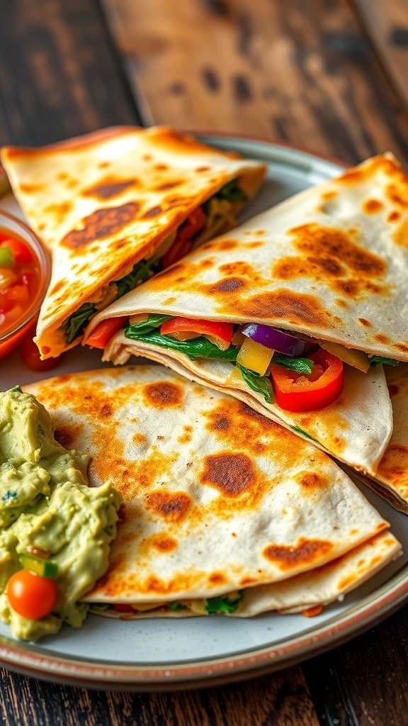 Vegan quesadilla filled with vegetables and cheese, served with salsa and guacamole on a rustic table.